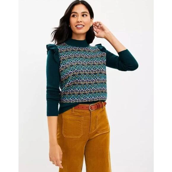 Loft Women Green Geo Jacquard Ruffle Mock Neck Sweater Size L Fall Winter Career - Picture 3 of 8